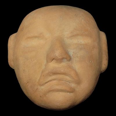 Sale Photo Thumbnail #305: 4 1/8" x 4" Pre-Columbian Olmec Face Figurine, Pottery, Mexico