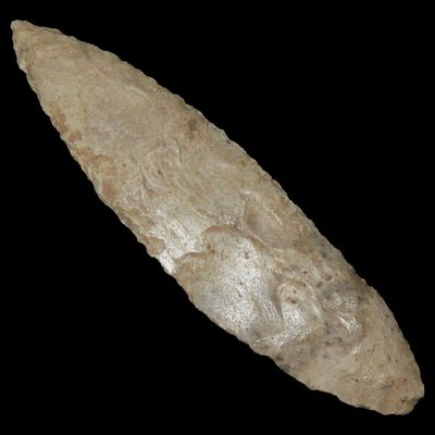 Sale Photo Thumbnail #81: 5 1/4" Early Ovoid Paleo Knife, Fulton Co., Illinois, Great Overshot Flaking, Ex. Don Scott, Ex. Jeff Hipskind Collection