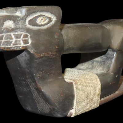 Sale Photo Thumbnail #128: 8 1/2" Haida / Tlingit Woodworking Adze or Fish Scraper, Late 1800s-Early 1900s, Northwest Coast Canada / United States, Wood Handle Nicely Carved with Shell-Inlaid Eyes and Corded Blade