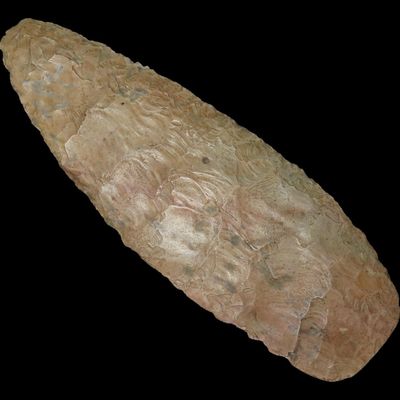 Sale Photo Thumbnail #108: 5 7/8" Paleo Knife, Burlington Chert, Ford Co., Illinois, Very Thin with Ground Base Edge and Heavy Patina, Ex. Don Scott, Ex. Jeff Hipskind Collection