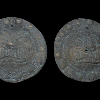 Sale Photo Thumbnail #326: 3 1/2" Pair of Pre-Columbian Copper Nipple Plates, Peru