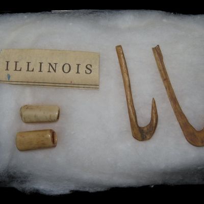 Sale Photo Thumbnail #197: Cache of 4 Bone Artifacts, Cahokia Site, Madison Co., Illinois, Including 2 Bone Beads and 2 Bone Fish Hooks, Ex. Charles Wesley Collection