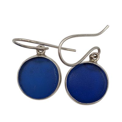 Sale Photo Thumbnail #97: Signed Sterling Silver Blue Glass Circle Hook Earrings
