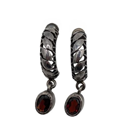 Sale Photo Thumbnail #493: Signed Sterling Silver Garnet Hoop & Dangle Earrings