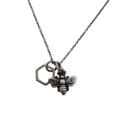 Sale Photo Thumbnail #594: Signed Sterling Silver Bee & Hexagon Pendant Cable Chain Necklace