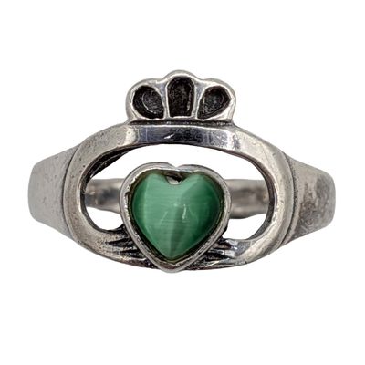 Sale Photo Thumbnail #465: Signed Sterling Silver Green Heart Shape Gemstone Claddagh Ring Sz. 6