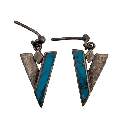 Sale Photo Thumbnail #252: Signed Sterling Silver Turquoise "V" Shape Dangle Earrings