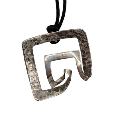 Sale Photo Thumbnail #522: Signed Silver Sterling Hammered Square Swirl Pendant Velvet Cord Necklace