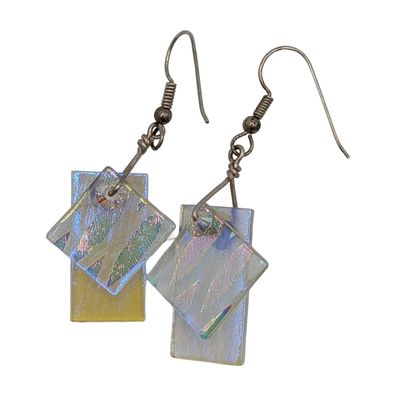 Sale Photo Thumbnail #590: Sterling Silver Blue Dichroic Fused Glass Rectangle Dangle Earrings