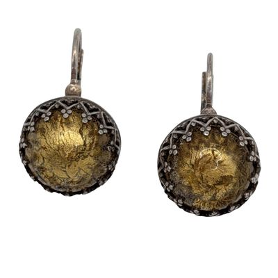 Sale Photo Thumbnail #232: Signed Sterling Silver Gold Flakes Crown Edge Jacket Earrings