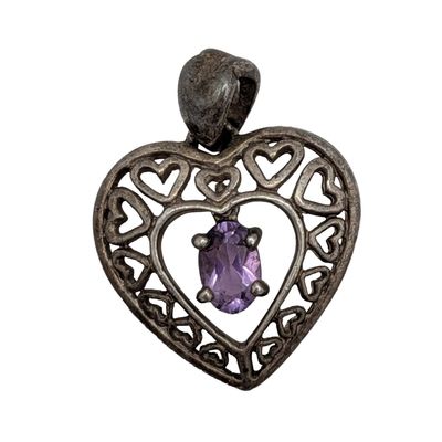 Sale Photo Thumbnail #429: Signed Sterling Silver Oval Amethyst Heart Pendant