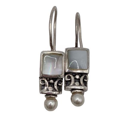 Sale Photo Thumbnail #303: Signed Sterling Silver Milky Glass Square Faux Pearl Hook Earrings