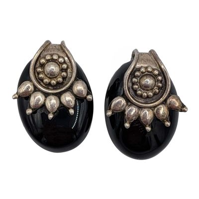 Sale Photo Thumbnail #223: Signed Sterling Silver Decorative Black Onyx Stud Earrings