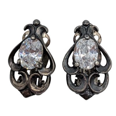 Sale Photo Thumbnail #347: Siamese Signed Sterling Silver Rhinestone Oval Clip On Earrings