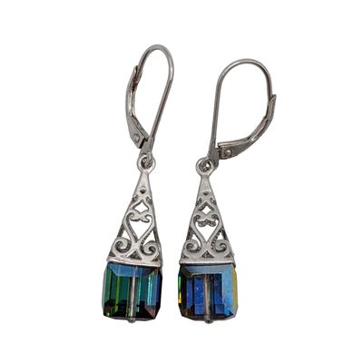 Sale Photo Thumbnail #248: Signed Sterling Silver Mystic Glass Bead Square Filigree Top Dangle Earrings