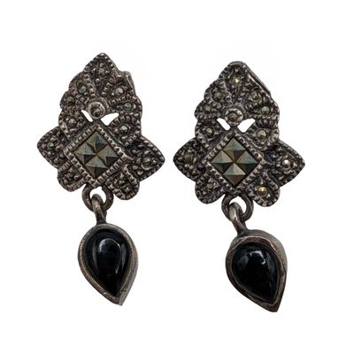 Sale Photo Thumbnail #444: Vintage Sterling Silver Marcasite Black Onyx Dangle Earrings