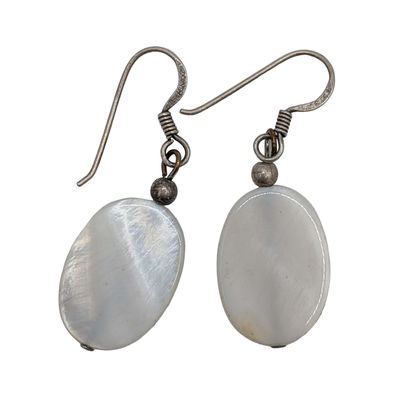 Sale Photo Thumbnail #585: Signed Sterling Silver Faux Mother Of Pearl Oval Hook Earrings