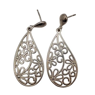 Sale Photo Thumbnail #550: Sterling Silver Floral Filigree Teardrop Dangle Earrings