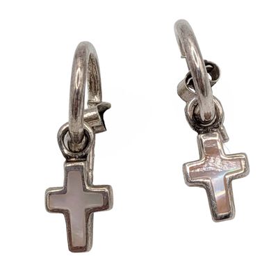 Sale Photo Thumbnail #77: Signed Sterling Silver Mother Of Pearl Cross Dangle Earrings