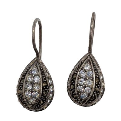 Sale Photo Thumbnail #326: Signed Sterling Silver Rhinestones Marcasite Teardrop Hook Earrings