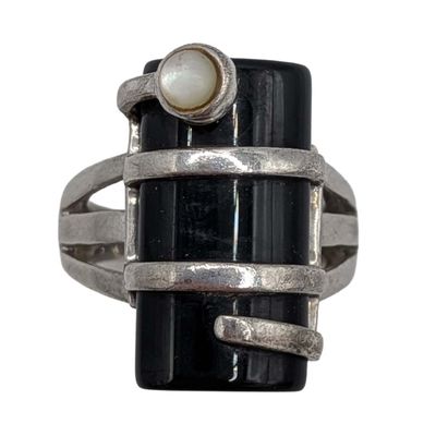 Sale Photo Thumbnail #51: Signed Sterling Silver Black Onyx Pearl Ring Sz. 6.5