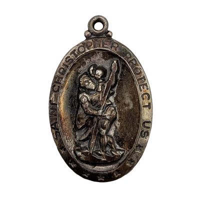 Sale Photo Thumbnail #175: Theda Sterling Silver St. Christopher Protect Us Religious Pendant