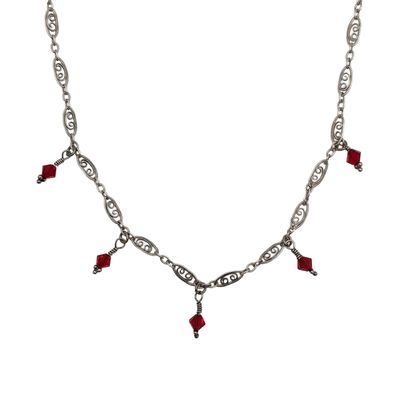 Sale Photo Thumbnail #106: Signed Sterling Silver Red Bead Pendants Filigree Chain Necklace
