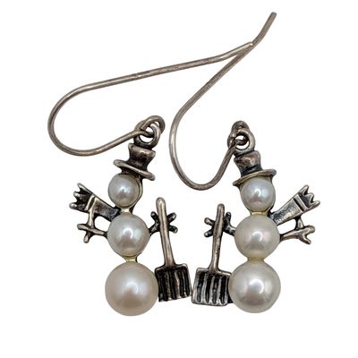 Sale Photo Thumbnail #271: Signed Sterling Silver Pearls Snowman Dangle Earrings
