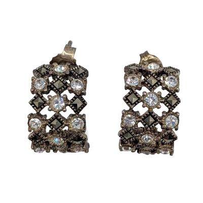 Sale Photo Thumbnail #297: Signed Sterling Silver Rhinestones Marcasite Half Hoop Earrings