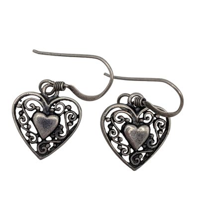 Sale Photo Thumbnail #554: Signed Sterling Silver Filigree Heart Hook Earrings