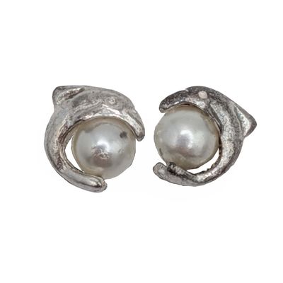 Sale Photo Thumbnail #285: Sterling Silver Faux Pearl Dolphin Stud Earrings