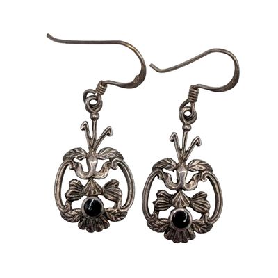 Sale Photo Thumbnail #233: Signed Sterling Silver Black Floral Scrollwork Dangle Earrings