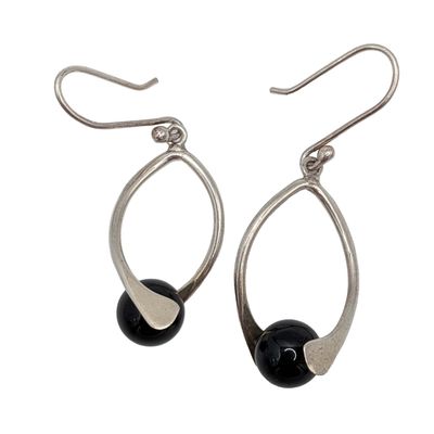 Sale Photo Thumbnail #121: Signed Sterling Silver Black Onyx Wrap Around Loop Dangle Earrings