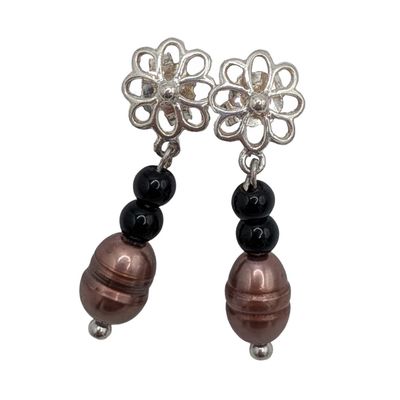 Sale Photo Thumbnail #544: Signed Sterling Silver Black Beads Freshwater Pearl Dangle Earrings