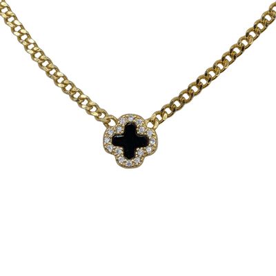 Sale Photo Thumbnail #519: Gold Over Signed Sterling Silver Black Onyx Rhinestone Cross Pendant Cable Chain Necklace