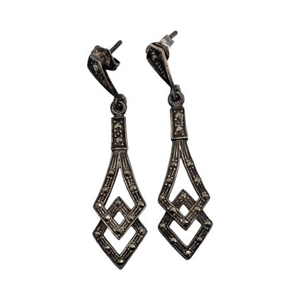 Sale Photo Thumbnail #462: Signed Sterling Silver Marcasite Double Triangle Drop Earrings