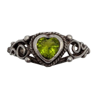 Sale Photo Thumbnail #306: Signed Sterling Silver Green Rhinestone Heart Ring Sz. 4.25