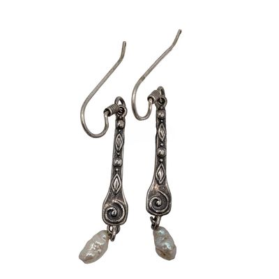 Sale Photo Thumbnail #458: Stamas Sterling Silver Pearl Intricate Design Drop Earrings
