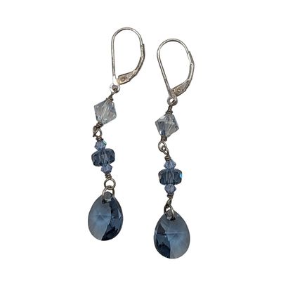 Sale Photo Thumbnail #473: Signed Sterling Silver Blue & Clear Beads Dangle Earrings
