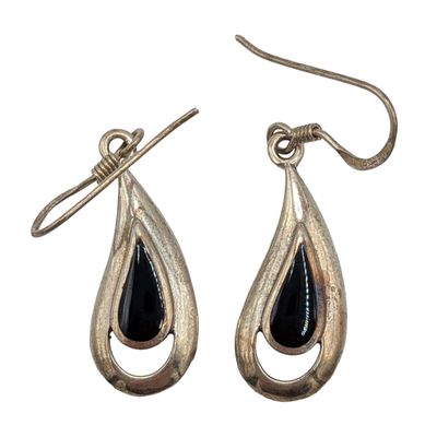 Sale Photo Thumbnail #391: Signed Sterling Silver Black Onyx Teardrop Hook Earrings