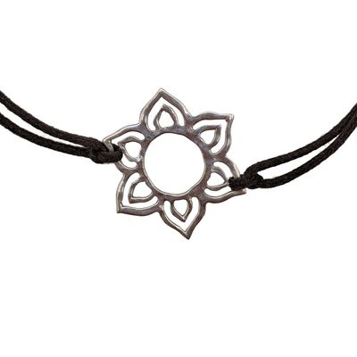Sale Photo Thumbnail #320: Plate Signed Sterling Silver Brown Cord Flower Adjustable Bracelet