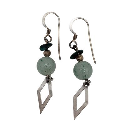 Sale Photo Thumbnail #322: Sterling Silver Milky Blue Glass Bead Malachite Stone Dangle Earrings