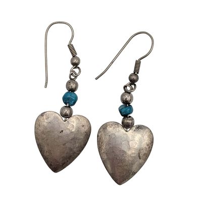 Sale Photo Thumbnail #259: Sterling Silver Hammered Heart Turquoise Beads Dangle Earrings