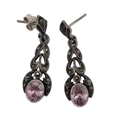 Sale Photo Thumbnail #599: Sterling Silver Marcasite Pink Tourmaline Drop Earrings