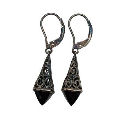 Sale Photo Thumbnail #137: Signed Silver Sterling Black Bead Filigree Jacket Earrings