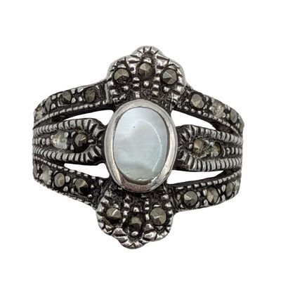 Sale Photo Thumbnail #587: Vintage Signed Sterling Silver Marcasite Mother Of Pearl Ring Sz. 5.75