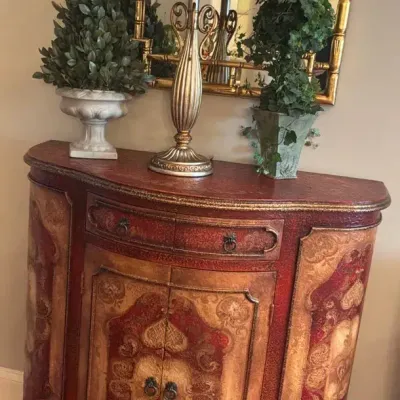 Hand Painted Bombe Accent Cabinet with Lamp and Topiaries
