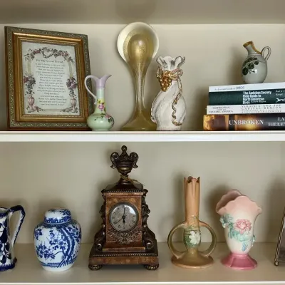 Ceramic Vases, Mantel Clock, Framed Art and Books

