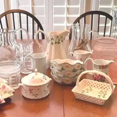 Arthur Court Glass Pitcher, Floral Porcelain Pitchers, Glassware and Table Linens