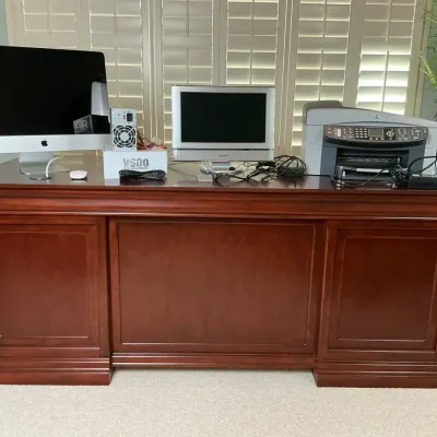 Executive Wood Desk with Apple iMac, Panasonic Monitor and HP Printer